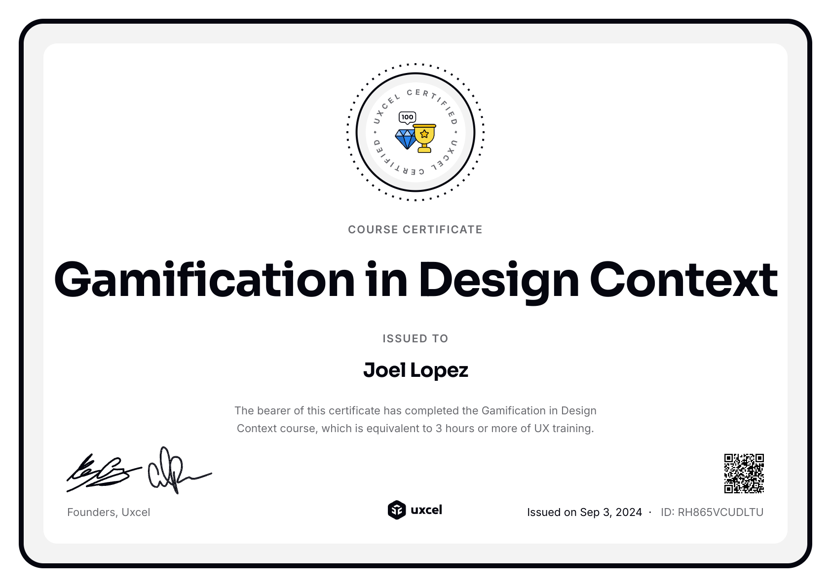 Joel Lopez's certificate